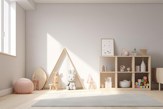 사진 다양한 장식이나 디자인을 위한 모형으로 설계된 어린이 방이나 놀이방에 있는 흰색 벽의 렌더링