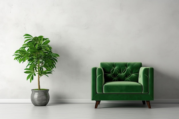 Фото Изображение гостиной показывает зеленое кресло и зеленый диван, размещенные у пустой белой стены.