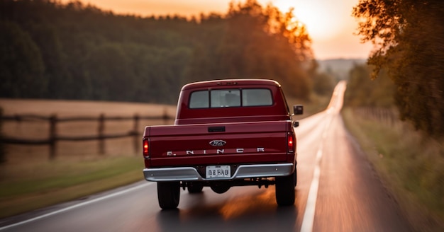 写真 夕暮れの美しい風景に囲まれた平和な田舎の道路でレトロの赤いトラックのスピード