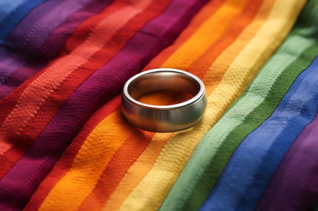 写真 虹色の布にリングをつけた