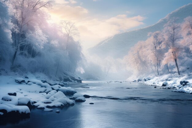 写真 雪で覆われた山や木々に囲まれた川