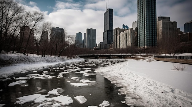 写真 氷が張った川と背景にあるシカゴのスカイライン