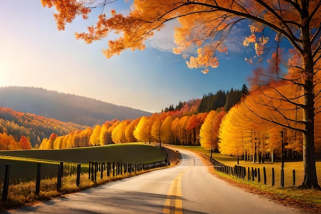 사진 노란 나무가 늘어선 도로가 있는 가을 숲의 길.