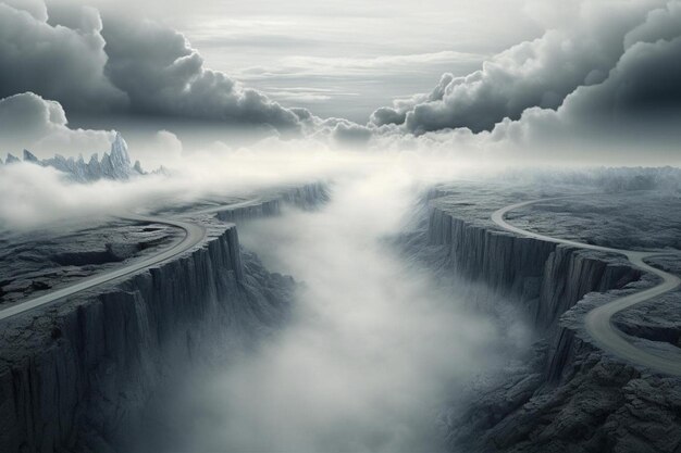 写真 山に囲まれた雲の中の道