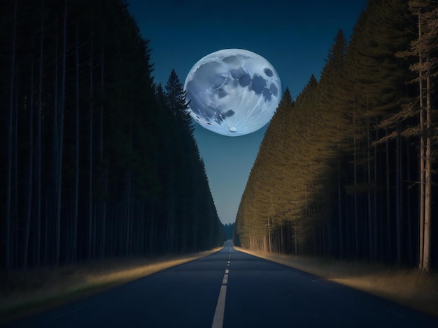 Фото Дорога посреди поля с деревьями и луной, созданной