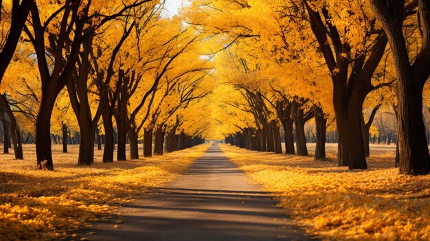 写真 秋の季節に木の黄色い葉が並ぶ道路