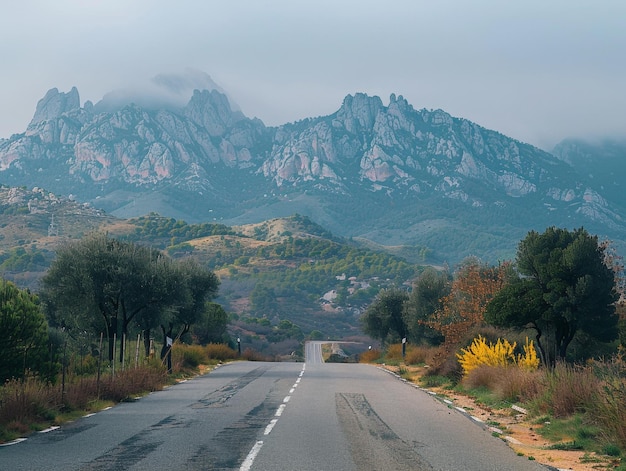 写真 背景に山がある道路と背景に山があります