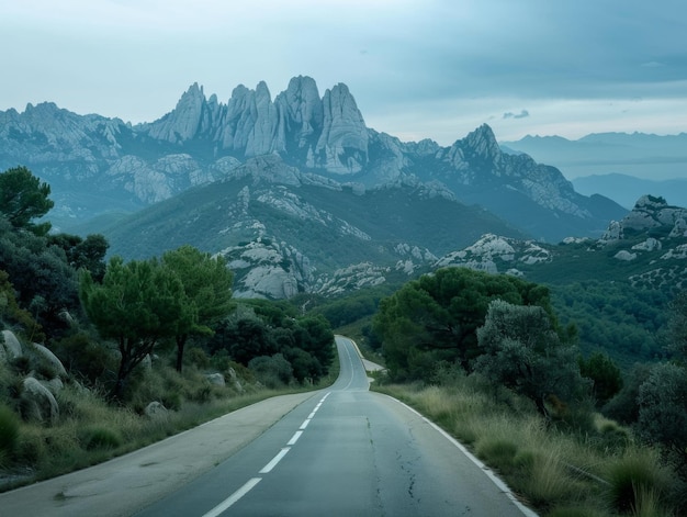 写真 背景に山がある道路と背景に山があります