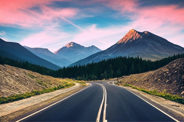 写真 山並みを背景にした道路 105