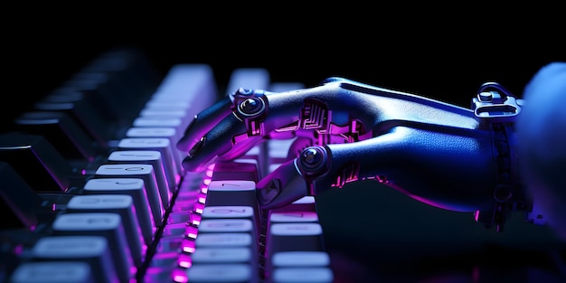 사진 보라색 빛이 있는 키보드의 로봇 손.