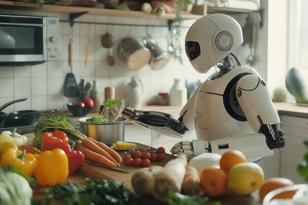 写真 ロボットがキッチンで料理を準備している