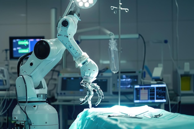写真 ロボットが病院の部屋でベッドに横たわっている患者を手術しているのが見られます 遠隔操作の外科ロボットが最小侵襲的な手術を行っています