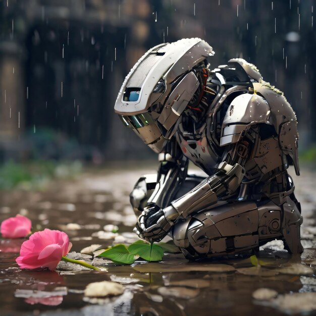 写真 雨の中の花を持つロボット