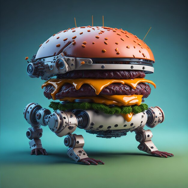 写真 ハンバーガーを背面にチーズバーガーを正面に書いたロボット