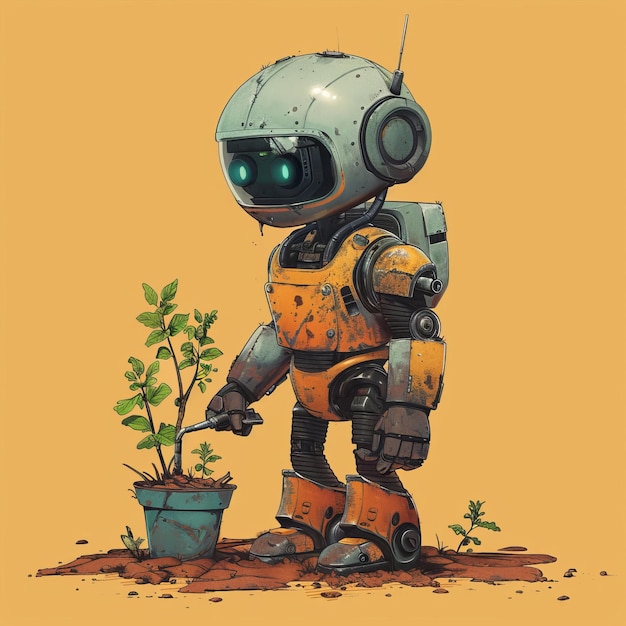 Фото Робот с растением в горшке