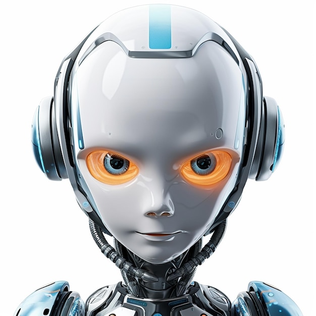 Фото Робот с оранжевыми глазами и голубым лицом.