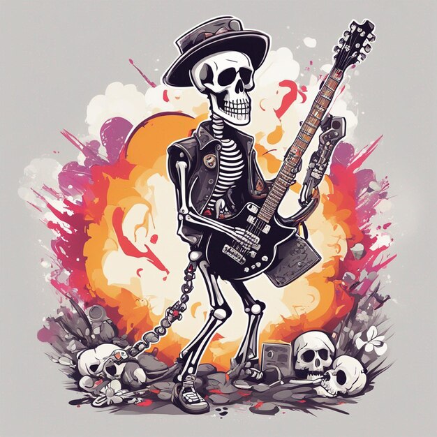 Фото Скелет в стиле рокер с видом сбоку гитары на чистом белом фоне, дизайн футболки