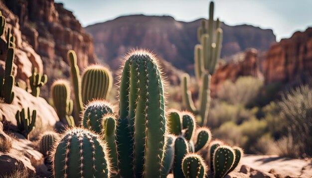 写真 カクタス 植物 が 植え られ て いる 岩石 の 砂漠 の 峡谷