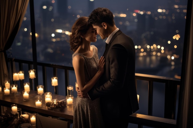 写真 ロマンチックなカップルが静かな月光のバルコニーで新年の優しい瞬間を共有しています