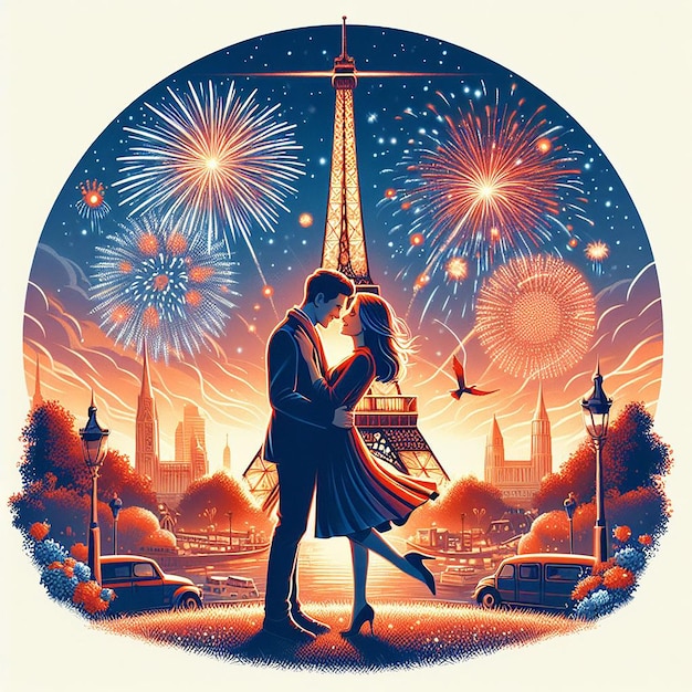 写真 エッフェル塔の近くの花火の下のロマンチックなカップル