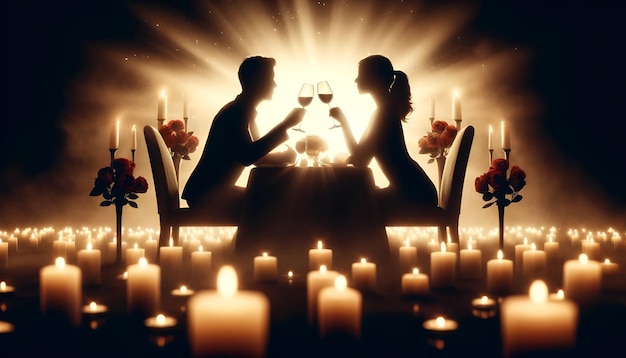 Фото Романтический обеденный стол с силуэтом пары, пьющей бокалы вина