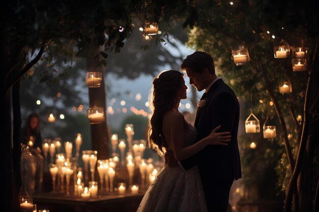 写真 背景 に ろうそく が 照らさ れ て いる 夜 の ロマンチック な 露天 の 結婚 式