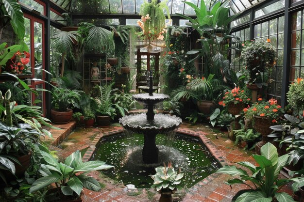 Фото Комната, наполненная растениями и фонтаном.