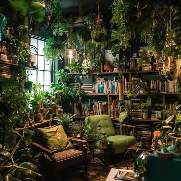 写真 棚に緑の椅子と緑の植物がある部屋