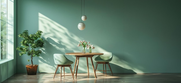 사진 초록색 벽과 두 개의 의자와 꽃병이 있는 테이블이 있는 방