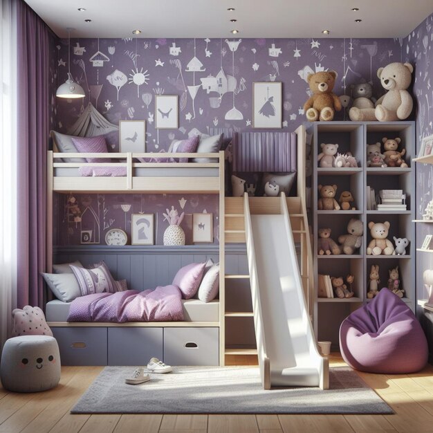 사진 보라색 침대와 보라색 베드, 보라색 기둥과 벽에 있는 고양이가 있는 방