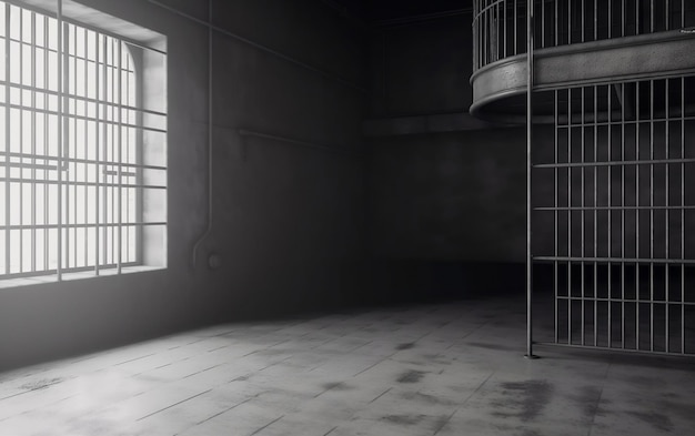写真 螺旋階段と「刑務所」と書かれた窓のある部屋