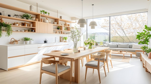 Фото Комната с столом, стульями, растениями и диваном интерьер фермерского дома кухня с белой цветовой темой