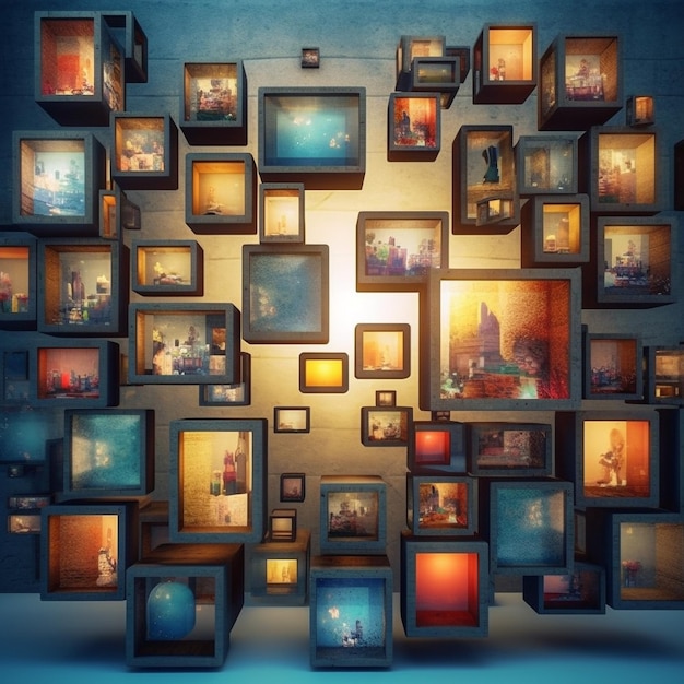 Фото Комната с множеством разных картин и светом на стене