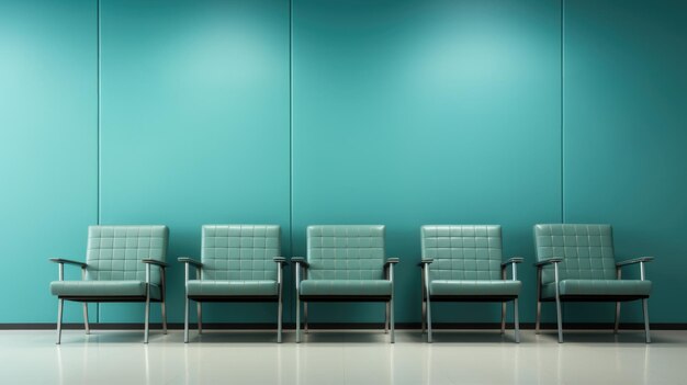 Фото Ряд стульев перед зеленой стеной.