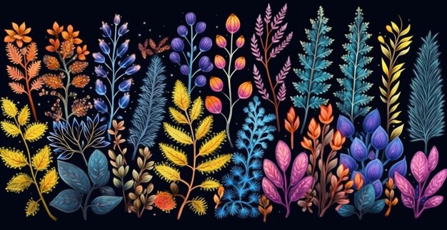 Фото Ряд ярких цветов и растений, нарисованных акварелью, генеративный ai