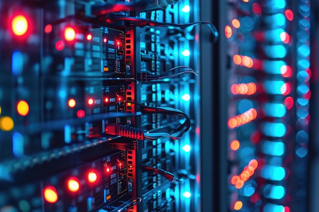 写真 コンピュータサーバーの列が赤と青のライトで照らされアクティブなプロセッシングオペレーションを表示します システムのサイバーセキュリティ ai 生成