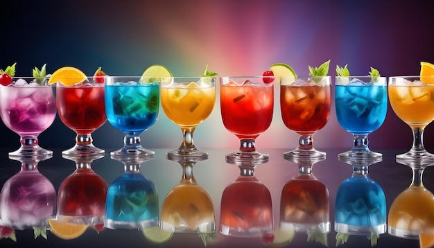 Фото Ряд разных цветных коктейлей с фруктами и кубиками льда