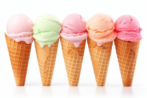 Фото Ряд рожков мороженого на белом фоне