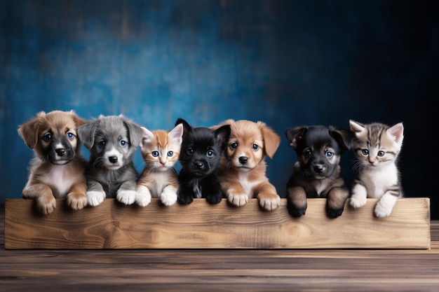 写真 木製の板の上にある子猫と子犬の列 ペットケアコンセプト