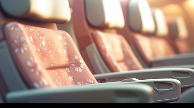 사진 분홍색과 색 꽃이 있는 비행기의 좌석 줄