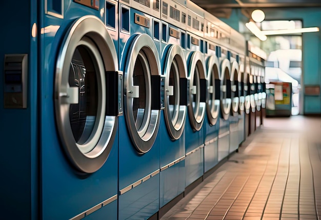 Фото Ряд стиральных машин в прачечной, созданное с помощью технологии искусственного интеллекта