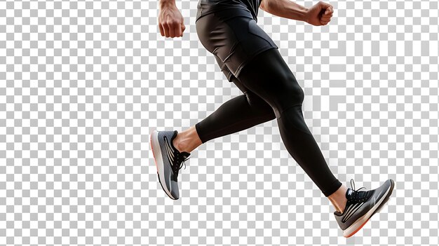 사진 검은 스포츠 옷을 입은 달리기 선수가 달리고 있습니다. 그는 검은 달리기 신발을 입고 있습니다. 달리기 선수는 중간 걸음에 있습니다. 그의 발은 땅에서 떨어져 있습니다.