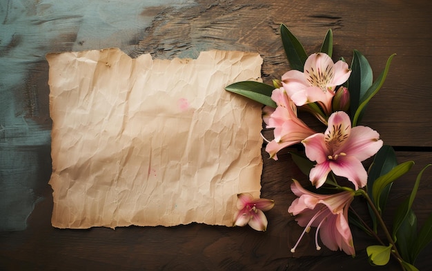 Фото Рустический кусок старой пергаментной бумаги изящно обрамлен розовыми цветами алстромерии, создавая старинный и вечный фон для письма или исторических дизайнов.