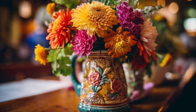 Фото В деревенской вазе красочный букет — подарок любви, созданный искусственным интеллектом.
