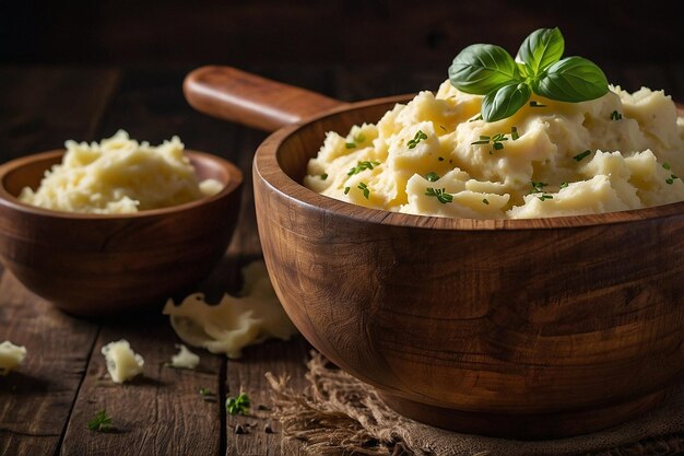 写真 a rustic wooden bowl filled with mashed potatoes