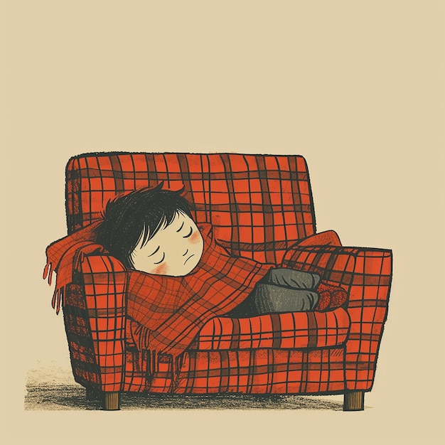 사진 빨간색 플레이드 소파에 누워있는 슬픈 작은 소년