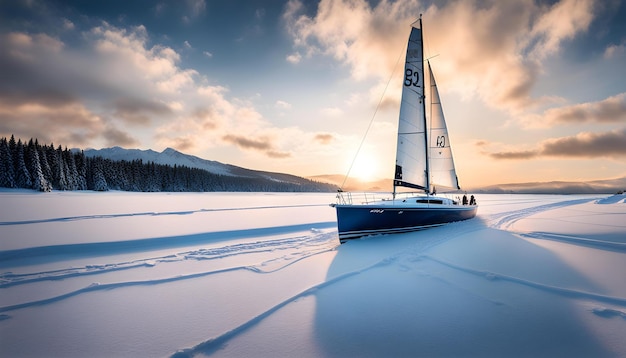 Фото Парусная лодка плывет по замерзшему озеру со словом 