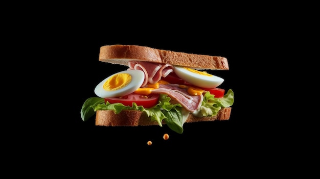 Фото Бутерброд с бутербродом с ветчиной, яйцами и ветчиной.