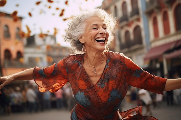 사진 ai의 분주한 도시 비트 속에서 춤추는 만족스러운 노부인