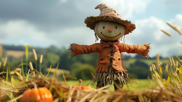 写真 オレンジ色のシャツと茶色の帽子を着て小麦畑に立っている<unk>は友好的な顔をして微笑んでいる
